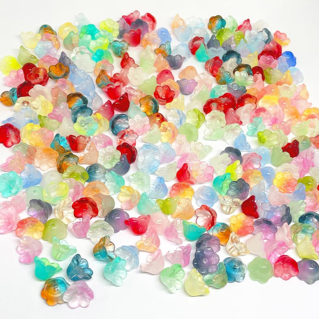 300 Pcs Glass Beads for Jewelry Making, Colorful Trumpet & Bell Flower Crystal Loose Beads, Bulk for DIY Projects