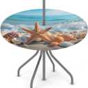 Outdoor Tablecloth with Umbrella Hole, Shell Starfish Round Fitted Tablecloth with Elastic 45"-56" Waterproof Oil-Proof Round Outdoor Tablecloth Patio Table Cover for Picnic Camping Party