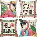 Hello Summer Vibes Flamingo Decorative Throw Pillow Covers 18 x 18 Set of 4, Stay Awhile Tropical Hawaii Palm Leaves Porch Outdoor Home Decor, Swim Ring Plaid Farmhouse Couch Cushion Case