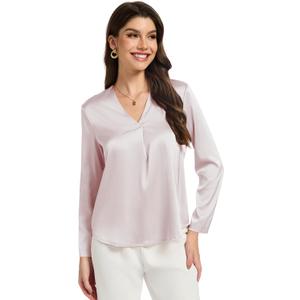 Womens Silk Satin Blouses V Neck Long Sleeve Tops Casual Dressy Shirts (S)