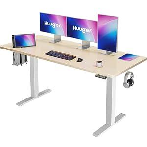 Huuger 55 x 28 Large Electric Standing Desk, Height Adjustable Desk, 27.6" Deep Desktop, Stand up Gaming Computer Office Desk with 2 Hooks, 3 Preset Heights, for Home Office, Natural