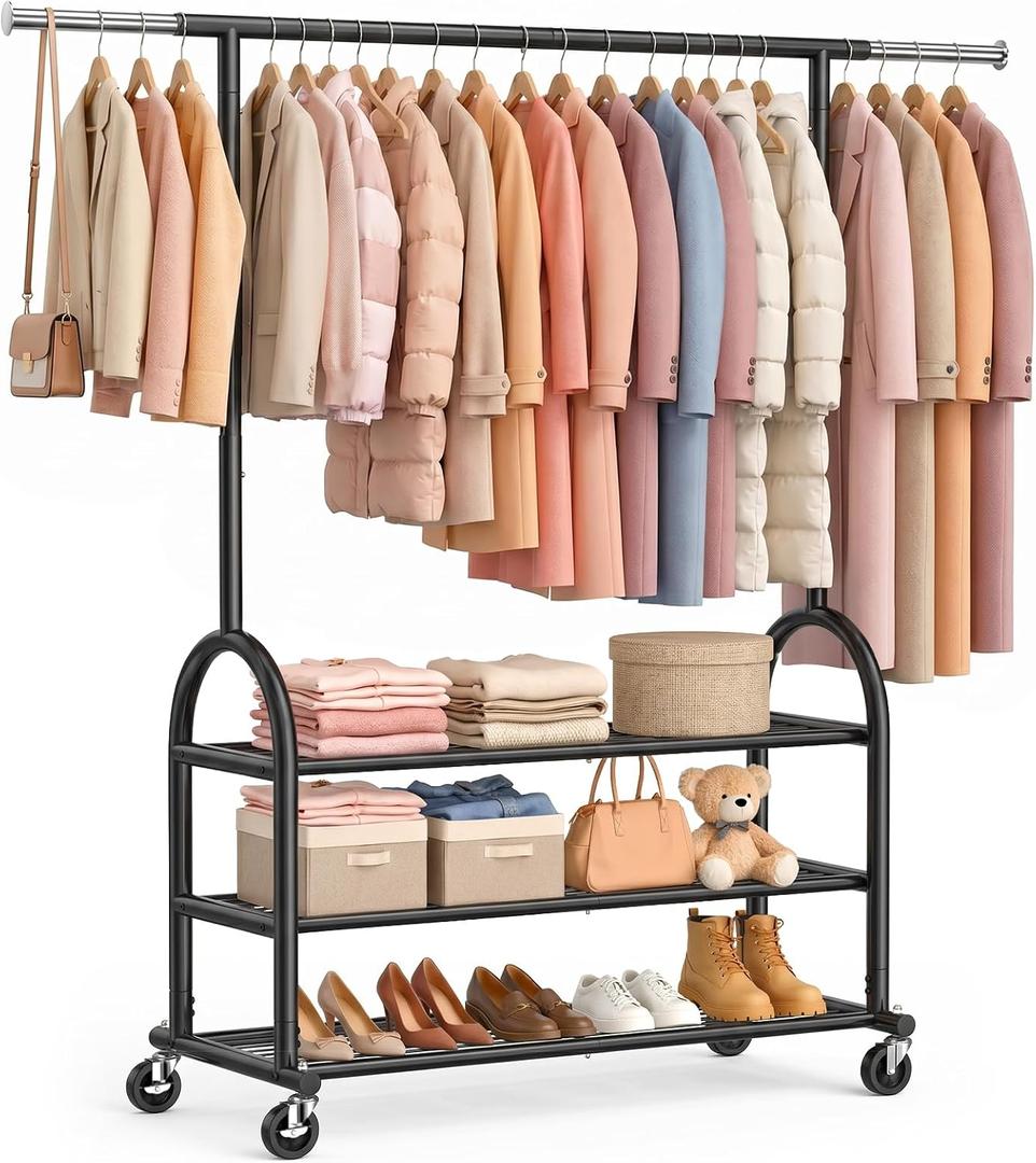 EAGMAK Rolling Clothes Rack Heavy Duty Clothing Racks with 3 Shelves, Black