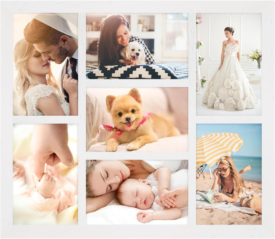 4x6 Oak Wood Picture Frames Collage Wall Decor White, Solid Oak Wooden Family Photo Collage Frame 7 Openingss, Glass Front, Wall Hanging Display 7 4x6 Pictures (13.5x11.5-7 Openings)