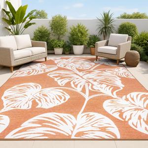JONATHAN Y Two-Tone Monstera Leaf Indoor Outdoor Area Rug 3X5 Orange/Ivory, Tobago High-Low for Backyard, Patio, Porch, Easy-Cleaning, High Traffic, Pet-Friendly, Non-Shedding (HWC100A-3)