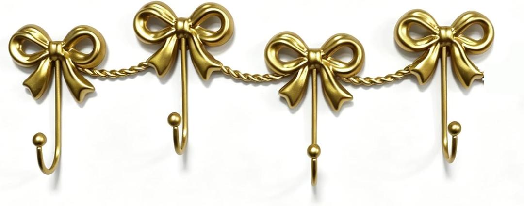 Gold Bow Hooks for Girls - Cute Triple Bow Wall Hooks for Nursery, Bedroom & Bathroom - Metal 4-Hook Coquette Room Decor for Hanging Towels, Bags, Robes & Jewelry - Perfect for Girly (Gold-4 Hooks)