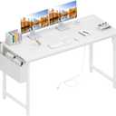Lufeiya White Computer Desk with Power Outlet, 47 inch Teen Study Table Home Office Work Writing Gaming Desks with Charging Station Outlets Built in, White
