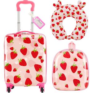 Sanwuta 4 Pcs Kids Luggage Set Carry On Rolling Suitcase Backpack Neck Pillow Travel Set Gift for Girls Boys Summer Camp(17 Inch,Strawberry Style,Light Pink)