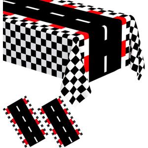 WNINK 2 PCS Racing Car Theme Tablecloths Car Disposable Plastic Tablecloths Black Checkered Flag Table Covers Racetrack Rectangular Tablecloth for Race Car Birthday Party Decorations, 54 x 108 Inch