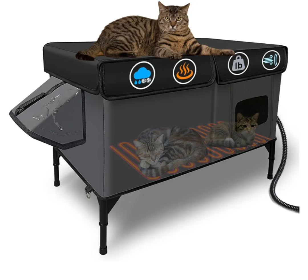 Heated Cat House for Outside, Insulated Weatherproof Heated Outdoor Cat House with Waterproof Eaves & Escape Door, Elevated Outdoor Cat Shelter for Feral Stray Cat (Black Camo, 16.5"x13"x16.9")