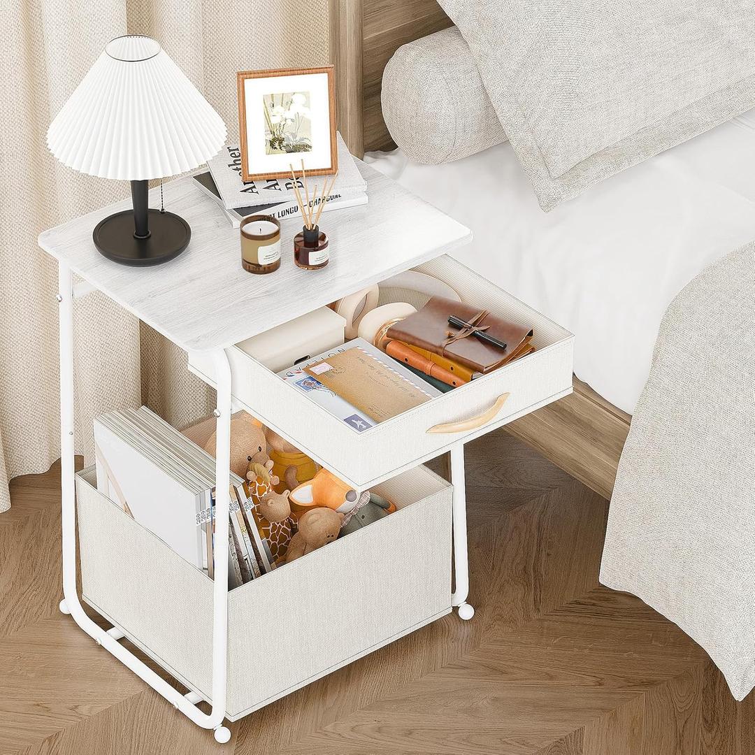 Olldide 3-Tier Bedside Table with Storage, Modern Square Nightstand with Fabric Storage Basket & Drawers, Multifunctional Side Table for Living Room, Bedroom (White)