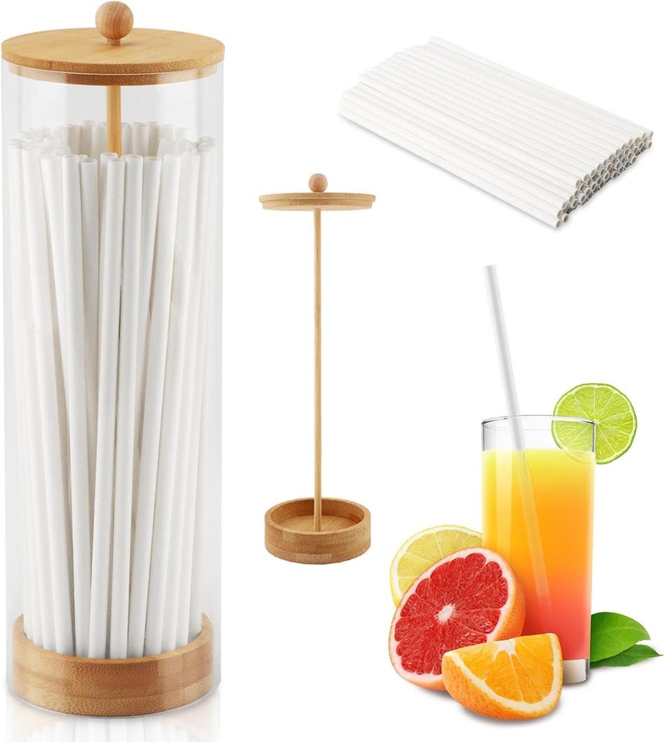 Clear Straw Holder Dispenser for Counter, Drinking Straw Organizer Container with Bamboo Lid Transparent Straws Storage Holder, Include 100 Straws(White)
