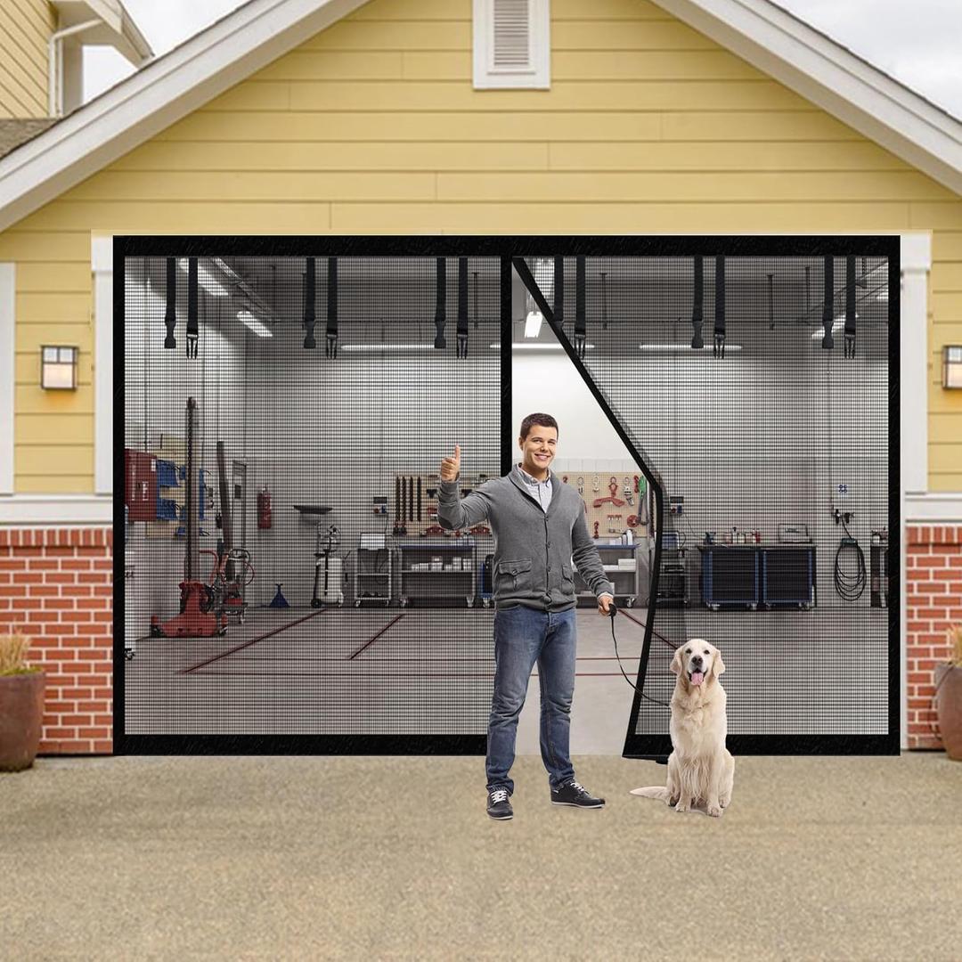 Garage Door Screen for 2 Car Garage 16x7FT, Durable Fiberglass Screen Door Mesh with 6 Roll Up Straps, Heavy Duty Garage Curtain Cover Kit Net Screen for Garage, Patio, Terraces,Gym, Balconies, Porch