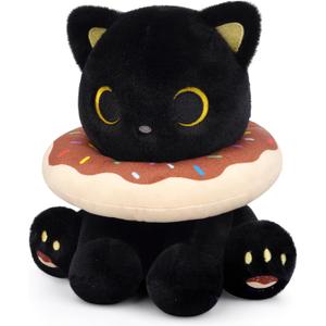 Black Cat Plush, 8inch Donut Black Cat Stuffed Animal Cute Plushies Toys for Girls Kids Boys, Kawaii Kitten Plushie for Kids Adult Valentine's Day Birthday Gift