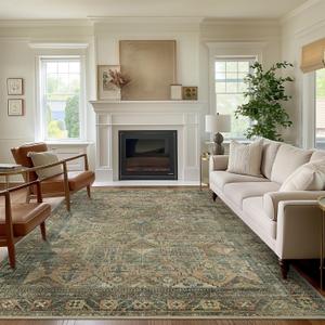 GENIMO 5x7 Area Rugs for Living Room, Machine Washable Low Pile Rugs, Chenille Non Slip Vintage Rug for Bedroom, Dining Room, Home Office, Blue Blush