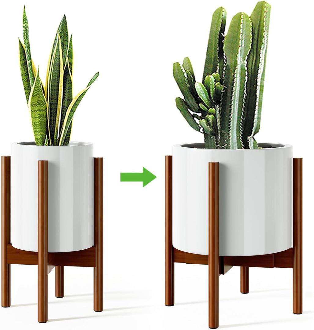MUDEELA Plant Stand for Indoor Plants: Adjustable Width Fits 812 Inch Pots - Mid Century Modern Bamboo Plant Stand - 14.5 Inch Single Tier Small Floor Plant Holder, Dark Brown, 1 Pack (Without Pot)