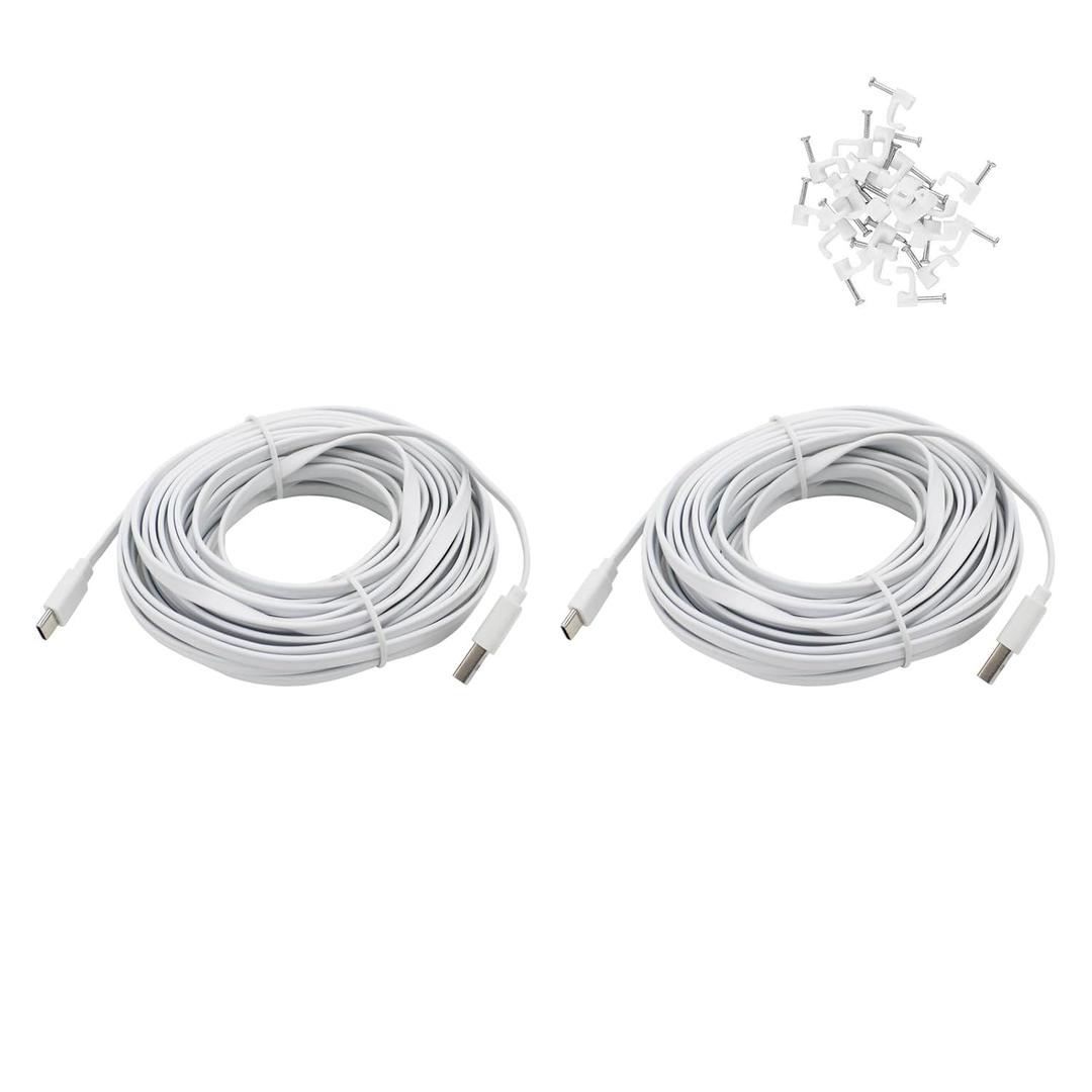 2 Pack 25 ft USB C Cable for Security Camera Outdoor Indoor, Type-C Extension Charging Cord Flat, Waterproof, with Wire Clips (White)