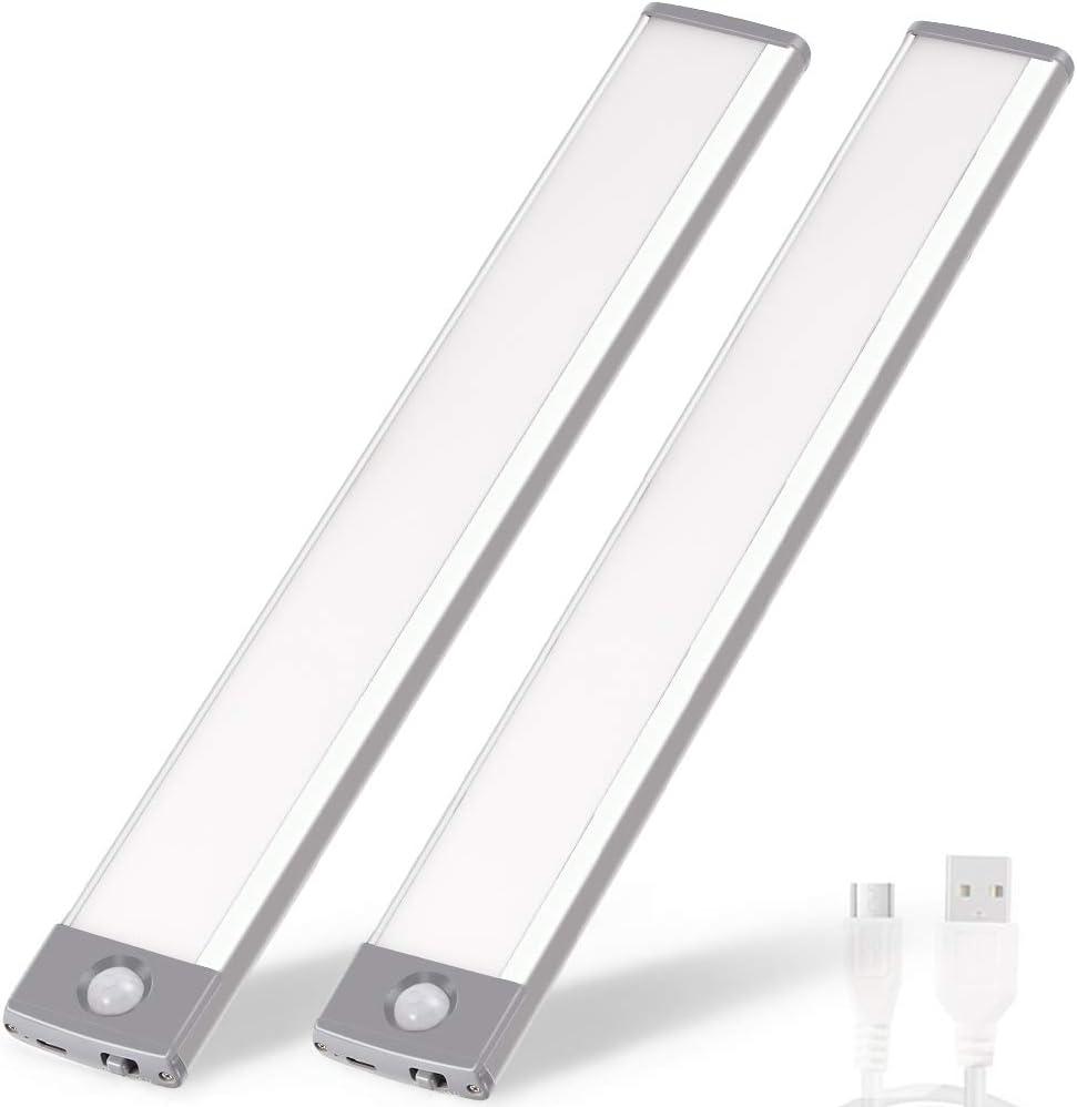 Rechargeable Motion Sensor Led Lights Ultra Thin Softer Under Counter 54-LED Closet Lighting Battery Operated Light Kitchen Under Cabinet Lighting Stick On Lights Night Light Wireless Light (2PACK) (12.7 in-54LED-2PACK, Silver-white Light)