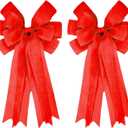 Double Pack 20X10 Inch Oversized Red Burlap Bows Farmhouse Christmas Tree Topper & All-Weather Wreaths Decor, Heavy Duty Gift Wrapping Accents for Front Door/Cabinet (Red)