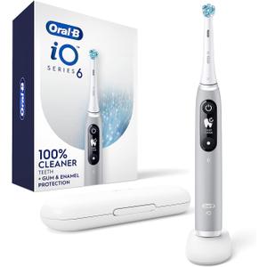Oral-B iO Series 6 Rechargeable Electric Toothbrush with Visible Pressure Sensor to Protect Gums, 2 Minute Timer, 5 Cleaning Settings, 1 Replacement Toothbrush Head, and Travel Case, Grey Opal