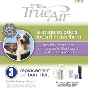 Hamilton Beach TrueAir Replacement Carbon Filter for Odor Eliminators, Neutralizes Pet Smells, 3-Pack (04234G), 5.8 x 1.8 x 6.8 inches , White