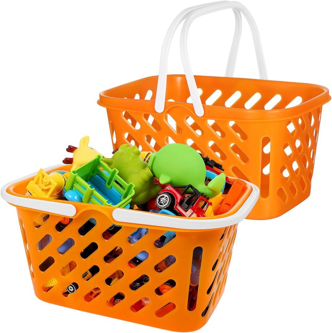 TOYANDONA 2pcs Shopping Basket Toys, Kids Grocery Basket with Handle for Kids Pretend Play Grocery Basket Toys, Orange 
