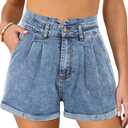 Women's Vintage Denim Shorts High Rise Stretchy Folded Hem Short Jeans with Pockets Dark Blue M