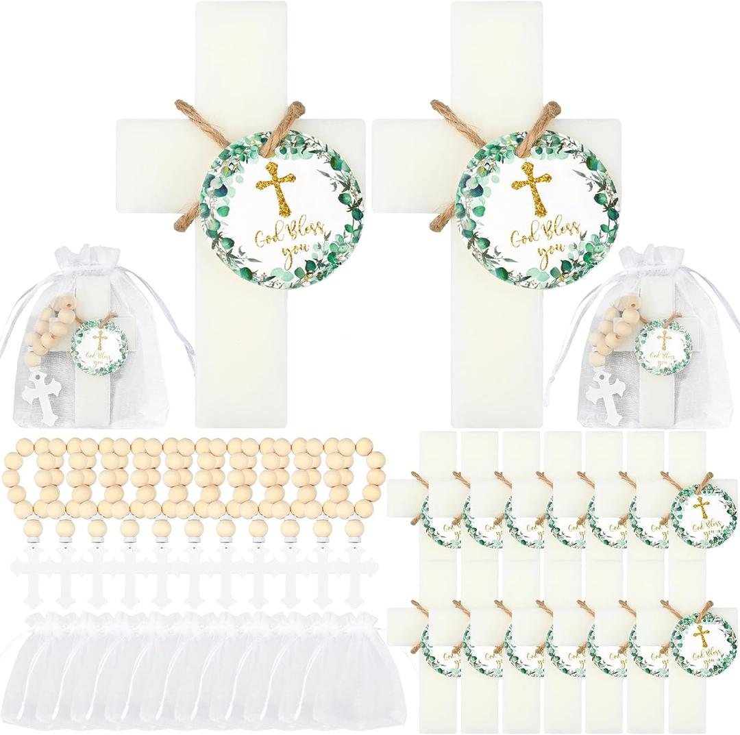 96 Pcs Cross Soap Baptism Favors Set Include 24 Scented Soap Favors 24 Wooden Rosary 24 Bags and 24 Cards Baby Baptism Favor for Baby Shower Christening Favors Guests First Communion Gifts