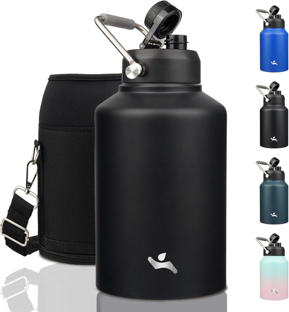 1 Gallon Jug with Handle,128 oz Insulated Water Bottle with Carrying Pouch, Double Wall Vacuum Stainless Steel Metal Bottle, Black
