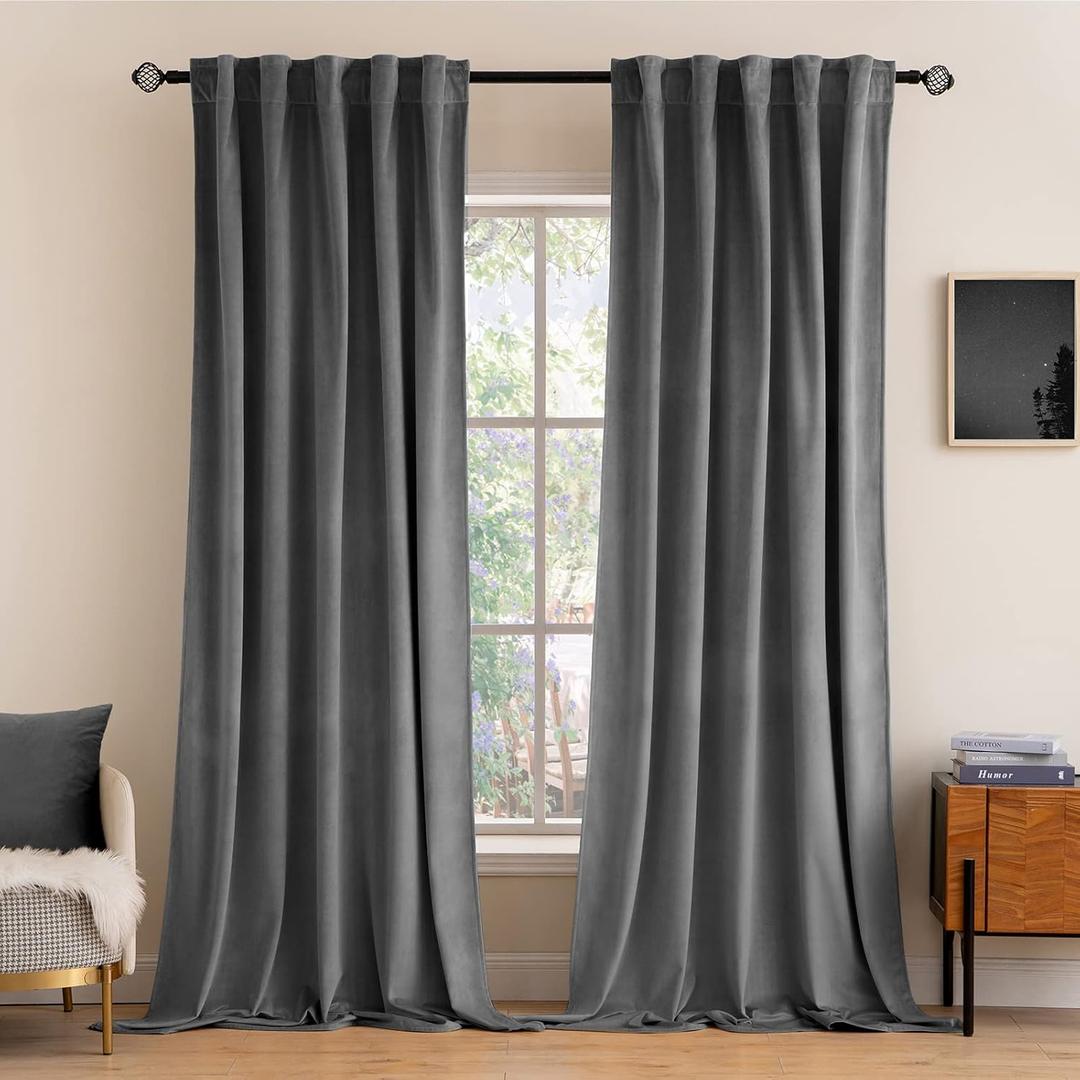 MIULEE Grey Velvet Curtains 96 inches 2 Panels - Luxury Blackout Curtains for Bedroom Living Room Thermal Insulated Super Soft Window Drapes Rod Pocket & Back Tab, W52 x L96 inches