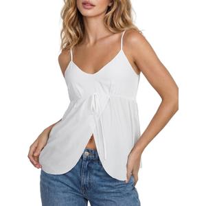 LYANER Women's Spaghetti Straps Sleeveless Split Front Smocked Y2k Babydoll Cami Tops (White, M)