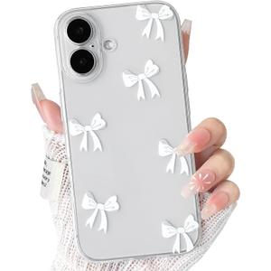 2 x NITITOP Compatible with iPhone 16 Plus Case Clear Cute Bow Knot Design for Women Girls Stylish Bowknot Durable Soft TPU Slim Protection Phone Cover - White Ribbon