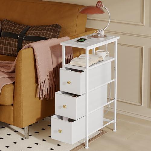 Fixwal Small Nightstand Narrow White Dresser with Charging Station, Skinny Nightstand with 3 Fabric Drawers, Dorm Silm Bedside Table for Small Spaces Bathroom, Bedroom, Laundry