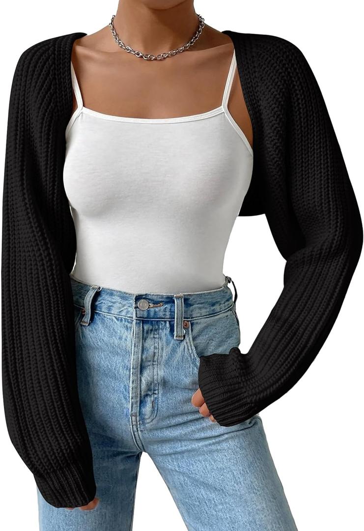 Women's Long Sleeve Open Front Knitted Crop Cardigan Drop Shoulder Knit Bolero Shrug Sweater (Medium, Black)