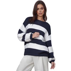 Women Y2k Oversized Striped Sweater Vintage Color Block Crew Neck Chunky Long Sleeve Pullover Harajuku Jumper (XL)