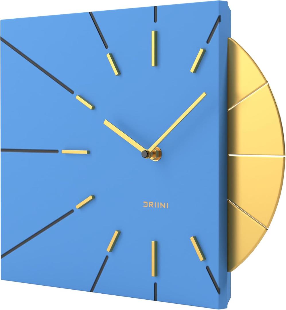 Driini Clocks Mid Century Modern Wall Clock - Square Blue Clock with Decorative Gold Accent- Unique and Cool Clock, Battery Operated - MCM Decor & Decorative Wall Clock for Mid Century Modern Decor.