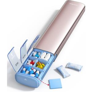 VAYDEER Metal Weekly Pill Organizer  Moisture-Proof Travel Pill Organizer with Built-in Desiccant Chamber and Airtight Lids  Large-Capacity Pill Box for Vitamins, Medicines & Supplements (Rose Gold)