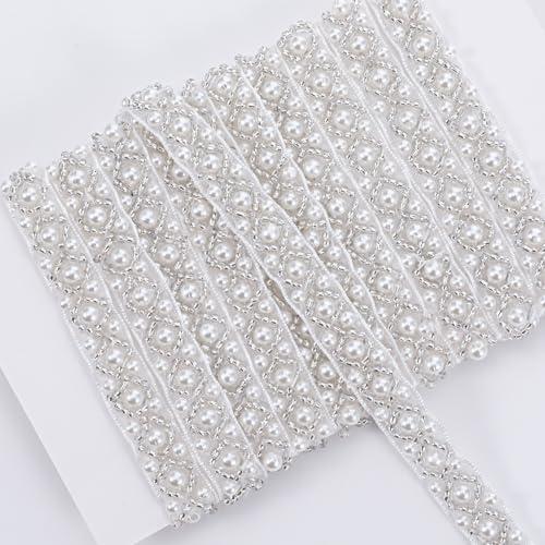 2 Yards Pearl Beaded Trim, 0.4 Inches Bridal Lace Ribbon Trimming Edge Straps for Sewing Wedding Dress Applique Bridal Straps Embellishments Decoration (White)