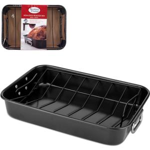 Alpine Cuisine Turkey Roaster Pan with Rack 16-Inch - Nonstick Coating Carbon Steel Pan - Black & Heavy Duty Roasting Pan - Easy to Clean, Multipurpose Use - Durable & Dishwasher Safe