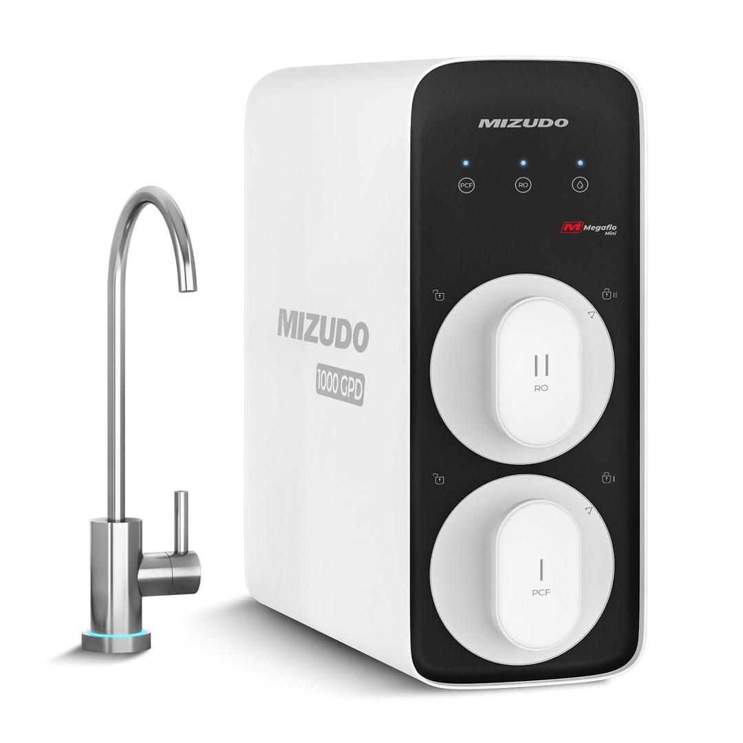 Mizudo1000GPD Tankless Reverse Osmosis System, MIZUDO Megaflo Mini 8-Stage RO Water Filter Under Sink, 3-Year Filter Life, Anti-Leakage, 3:1 Pure to Drain, NSF/ANSI Certified, Lamp Ring Faucet