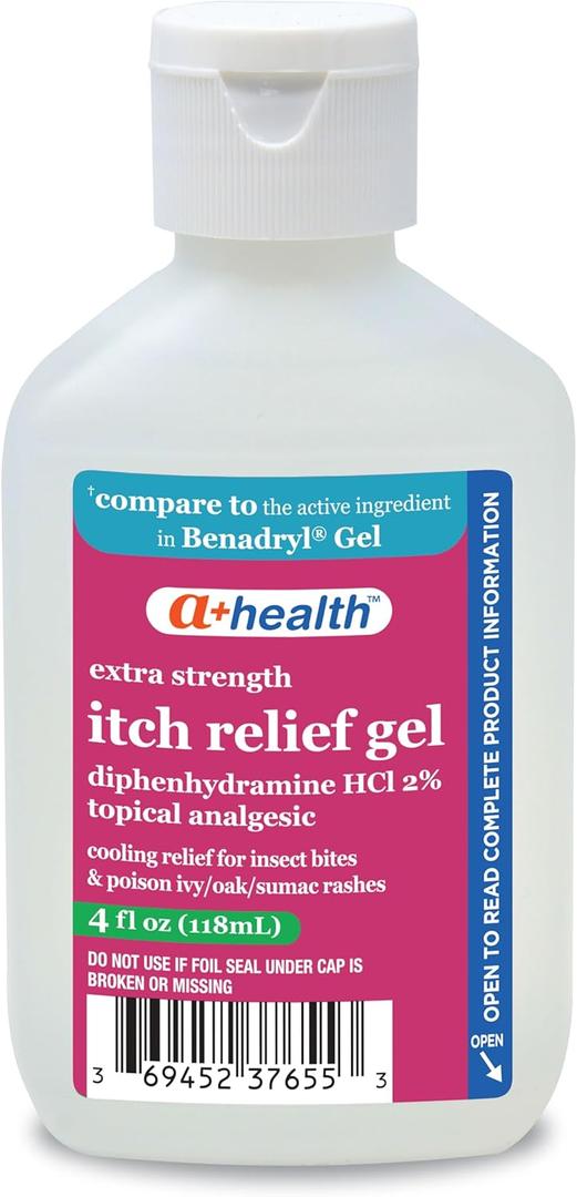 Extra Strength Itch Relief Gel, Diphenhydramine HCl 2% Topical Analgesic, Relives Itching and Pain for Bug Bites, Rashes, Poison Ivy, Oak and Sumac, Made in USA, 4 Ounces