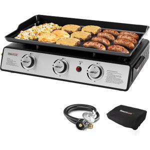Royal Gourmet PD1301S Portable 24-Inch 3-Burner Table Top Gas Grill Griddle with Cover, 25,500 BTUs, Outdoor Cooking Camping or Tailgating, Black (Silver)