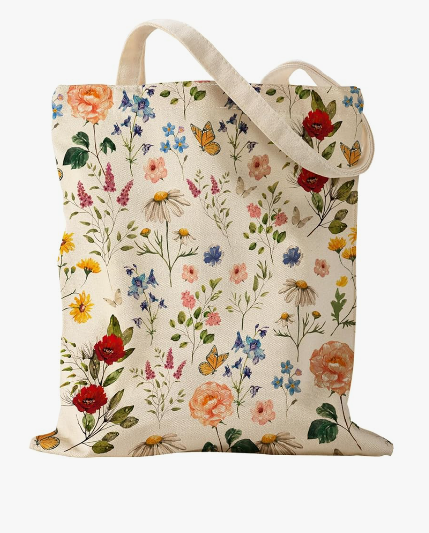 Aesthetic Embroidery Tote Bag for Women - with Magnetic Buckle and Zipper Inner Pocket for Lady Cotton Tote Bag (Flower Cat)