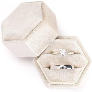 Etercycle Velvet Jewelry Ring Box, Hexagon Premium Gorgeous Vintage Double Ring Gift Box with Detachable Lid for Proposal Engagement Wedding Ceremony(Beige)