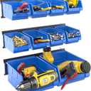 WALMANN Wall Mounted Storage Bins for Small Parts, 10 Bins with 3 Metal Rails, Plastic Wall Bins for Screws, Bolts, Nuts, Craft Room, Workshop, and Garage Storage Bins(Blue)