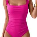 Eomenie Women's One Piece Swimsuit Tummy Control Square Neck Bathing Suit Ruffle Straps Ribbed Swimwear (X-Large, Hot Pink)