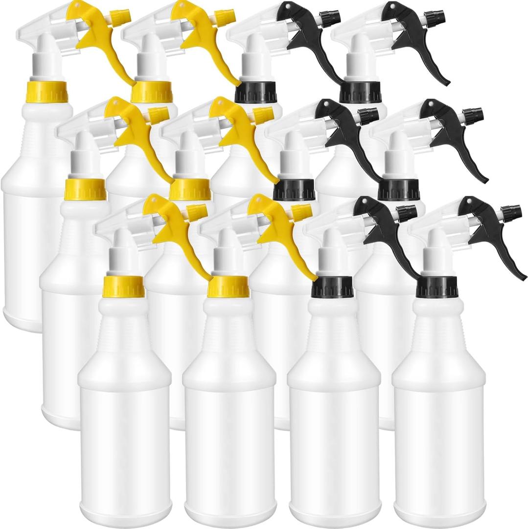 Eccliy 12 Pcs 16 Oz Plastic Spray Bottle, Adjustable Empty Reusable Sprayer for Cleaning, Planting, Water, Bathroom and Kitchen, BBQ, Commercial and Residential (Original,Black,Yellow)