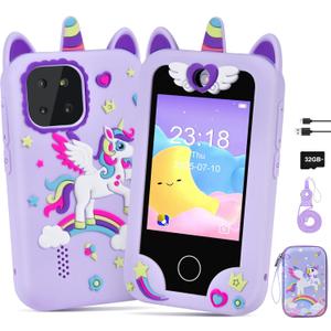 Kids Smart Phone for Girls, Kids Camera Toy Phone for Ages 3 4 5 6 8 Year Old, Christmas Birthday Gifts Toddler Cell Phone with Touchscreen, 44 Games, Music Player, 32GB Card & Bag Purple