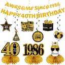 Kuxriox 11Pcs 40th Birthday Decorations Kit for Men Women, Black Gold Happy 40th Birthday Banner, Awesome Since 1986 Centerpieces Swirls Party Supplies, Forty Bday Banner Ceiling Table Topper Sign