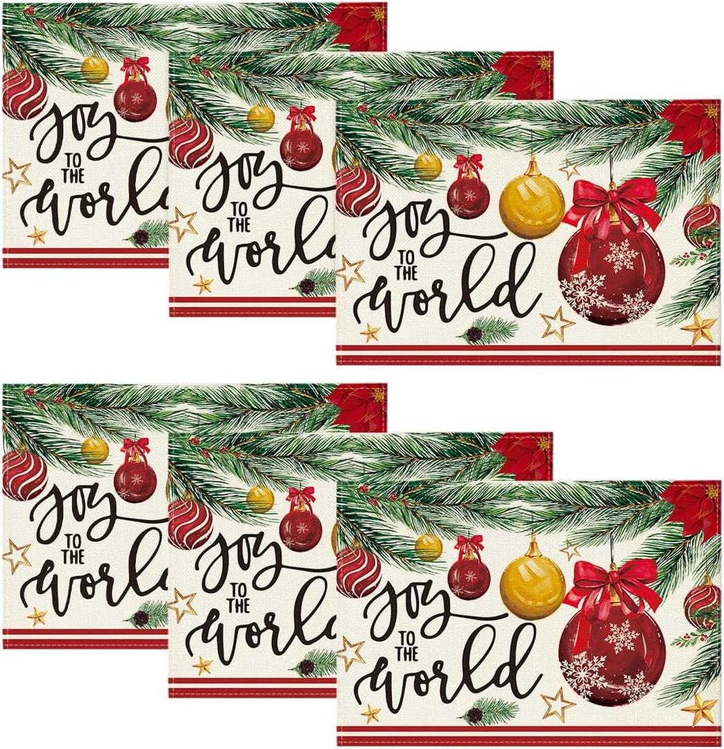 Artoid Mode Xmas Red Balls Christmas Placemats Set of 2, 12x18 Inch Seasonal Winter Joy to The World Table Mats for Party Kitchen Dining Decoration