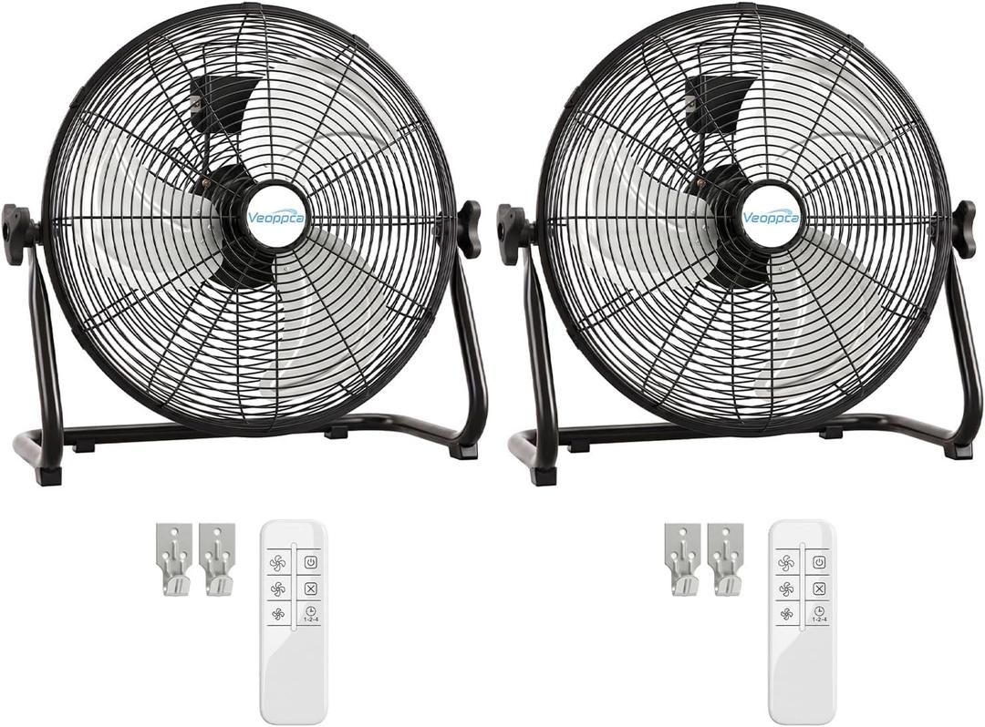 20" Industrial Floor Fan with Remote, High Velocity Heavy Duty Fan, 5200 CFM, 1-2-4 Hour Timer, 3 Speeds, 360° Tilt, Wall-Mounting System Included, for Home, Gym, Office, Garage (2 Pack)